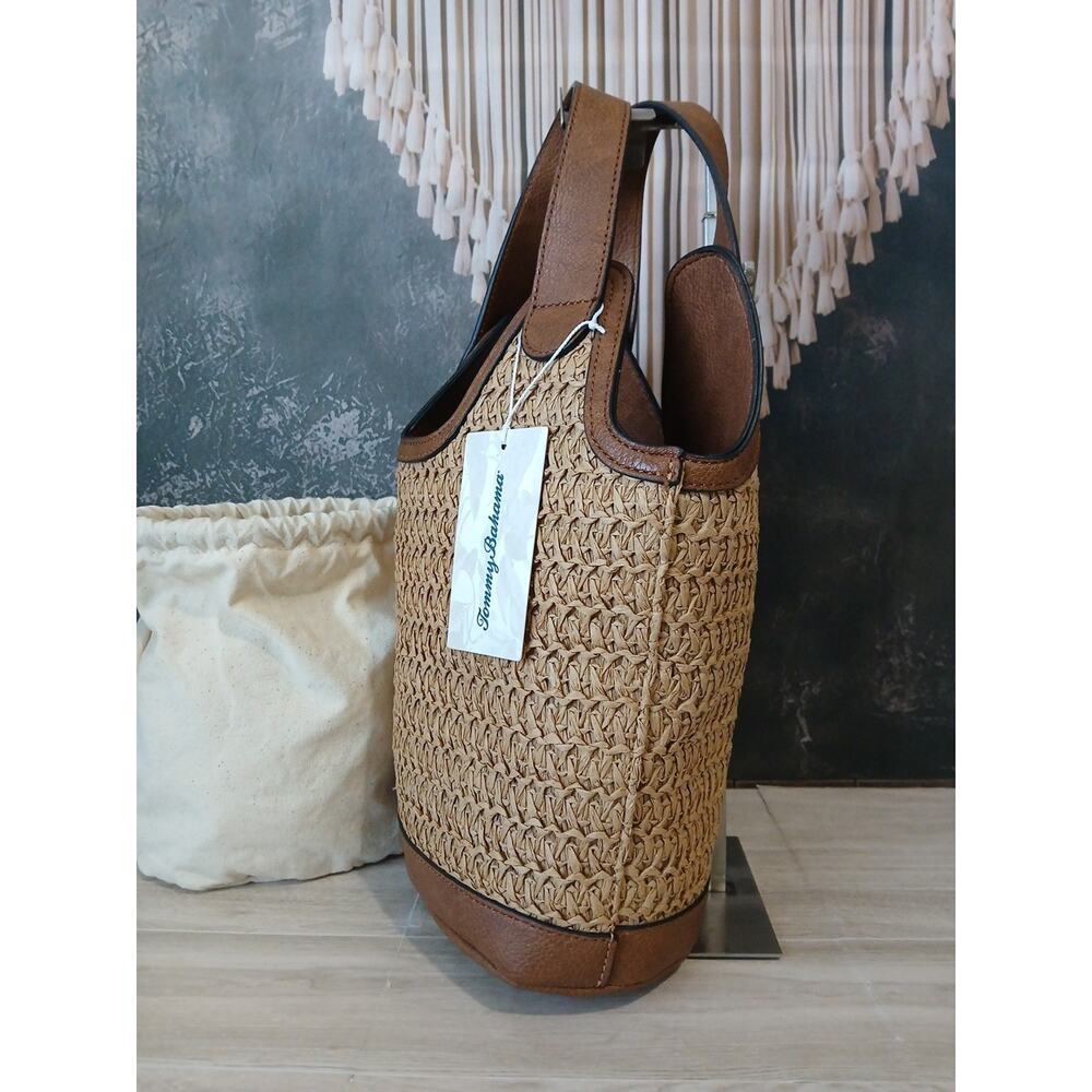 Tommy Bahama Woven Bucket Bag Purse Tote Removable Inner Pouch Natural Straw - Picture 5 of 13